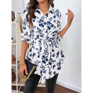 SHEIN Women's XL Floral Button Front Self Belted Long Sleeve Tunic